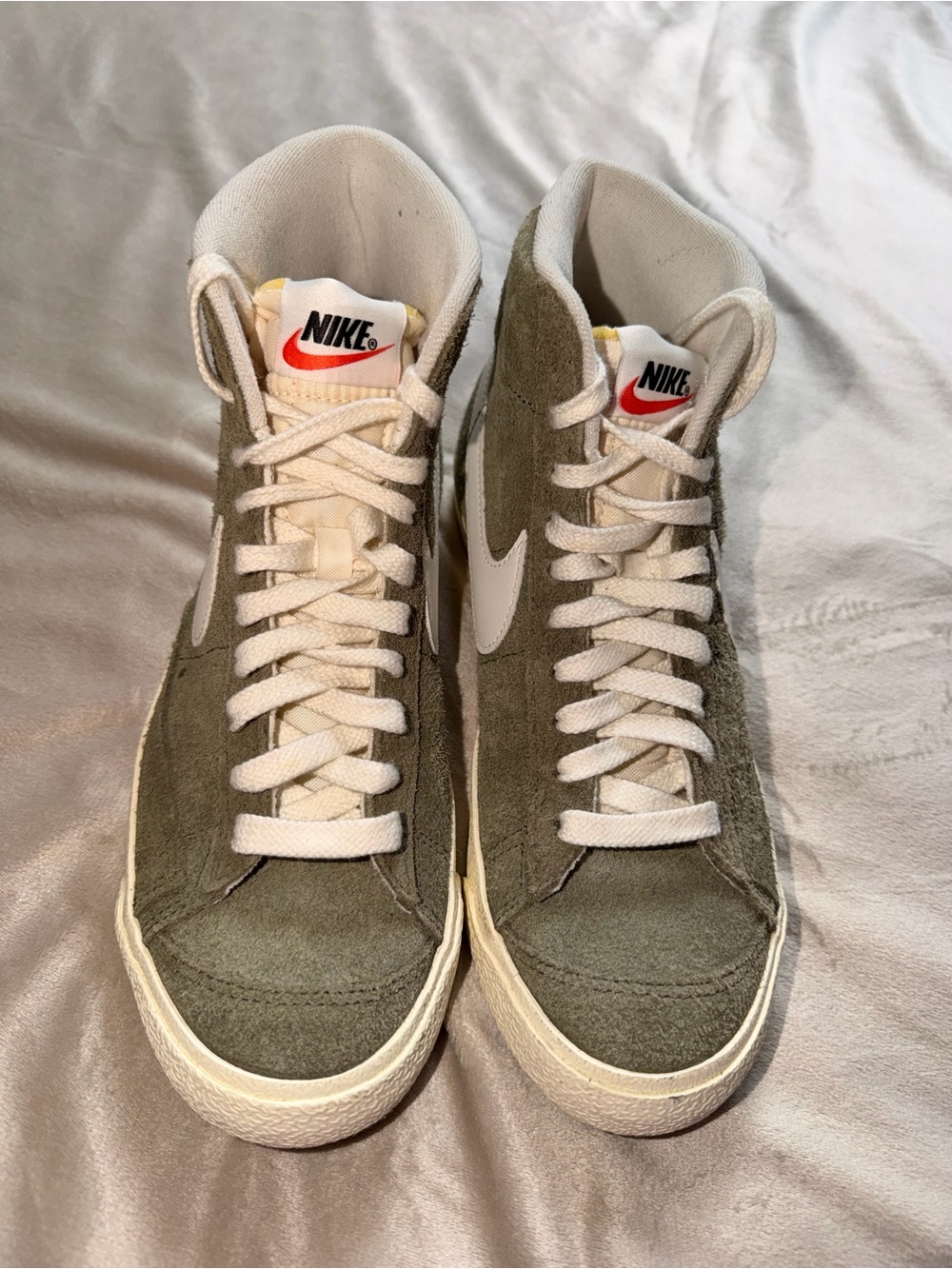 Nike women’s  Olive Suede High-Top Sneakers with White Swoosh